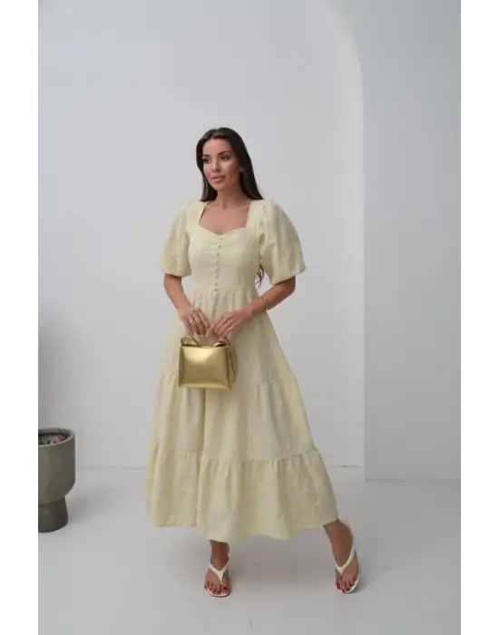 Sarı Süs Düğmeli Balon Kollu Elbise