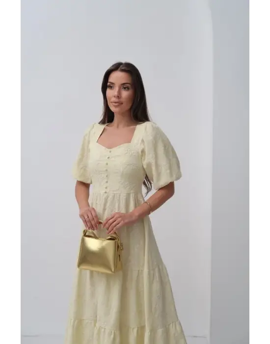 Sarı Süs Düğmeli Balon Kollu Elbise