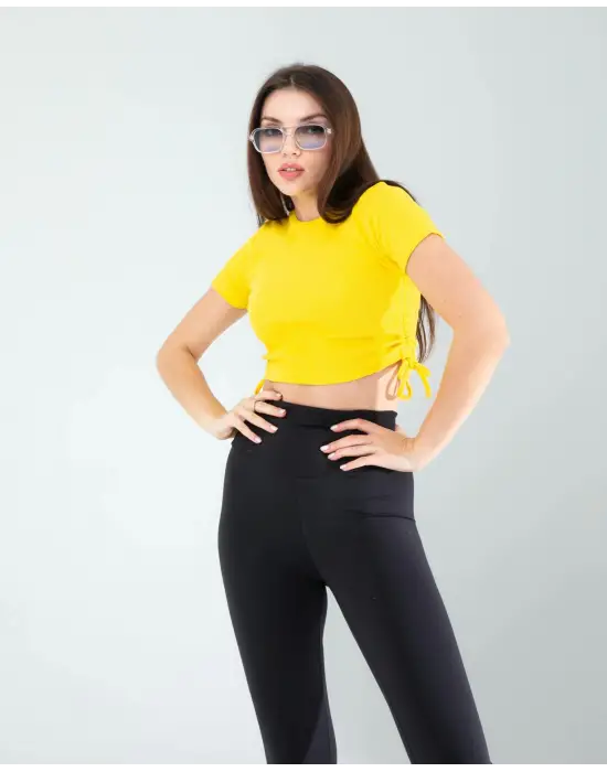 Omarı Sarı Yandan Büzgülü Crop Bluz