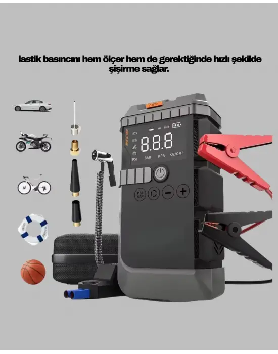 Şarjlı 12000 Mah Araç Akü Takviye Ve Hava Kompresörü 4’ü 1 Arada