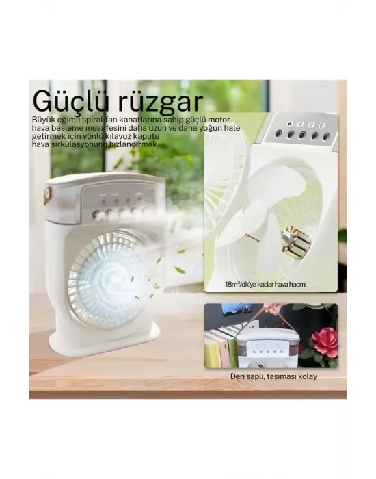 Şarjlı 600 Ml Su Hazneli Taşınabilir Masaüstü Vanilatör  Güçlü Fan Ve 2000 Mah Pil Beyaz