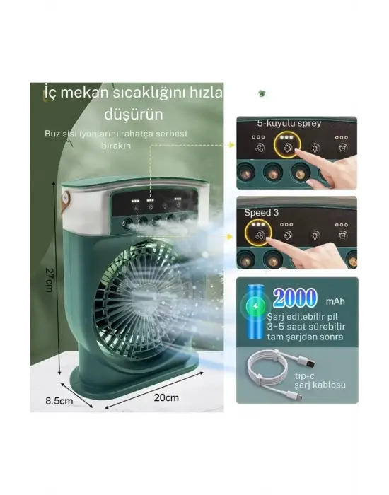 Şarjlı 600 Ml Su Hazneli Taşınabilir Masaüstü Vanilatör  Güçlü Fan Ve 2000 Mah Pil Beyaz