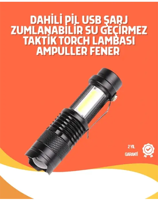 Şarjlı Led El Feneri - 14500 Pil Dahil, 4 Işık Modu, Mini Boy