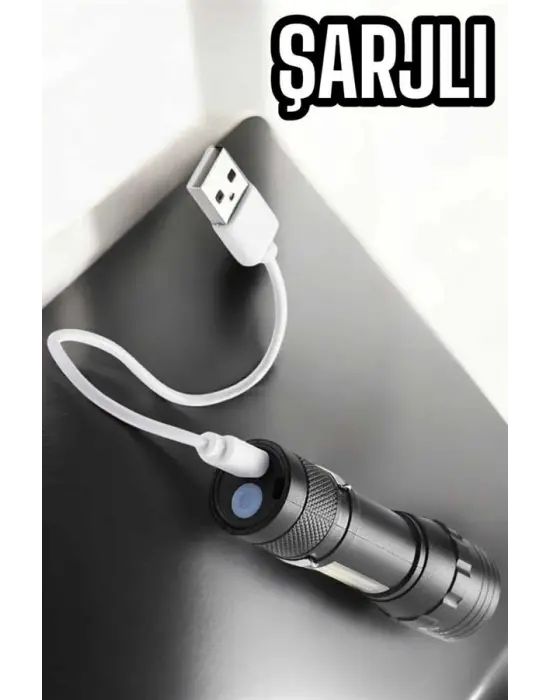 Şarjlı Metal Zoomlu El Feneri Işıldak Led Işık Taşınabilir El Lambası