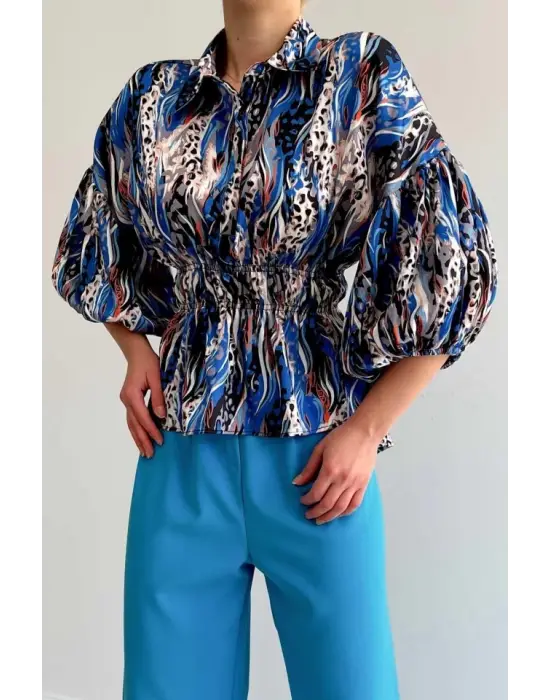 Omarı Mavi Saten Beli Lastikli Gömlek - Şık ve Rahat