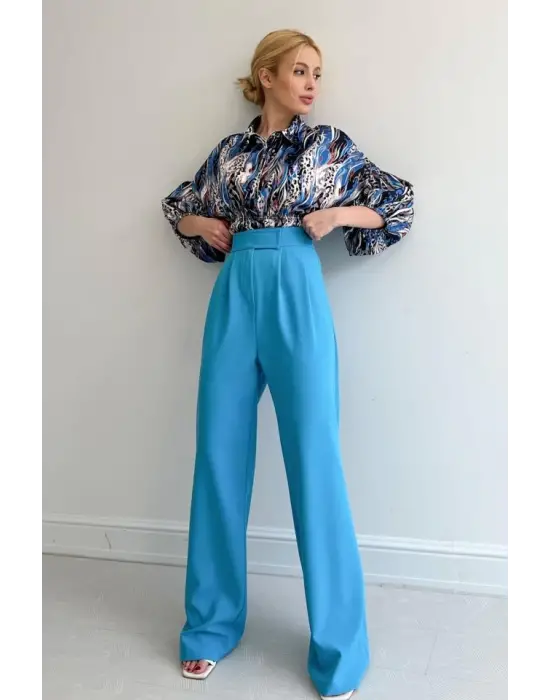 Omarı Mavi Saten Beli Lastikli Gömlek - Şık ve Rahat