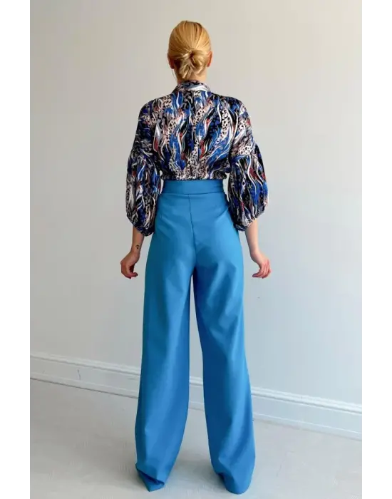 Omarı Mavi Saten Beli Lastikli Gömlek - Şık ve Rahat