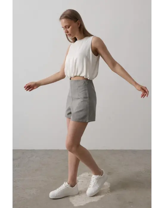 Saten Kolsuz Belki Lastikli Bluz - Ekru