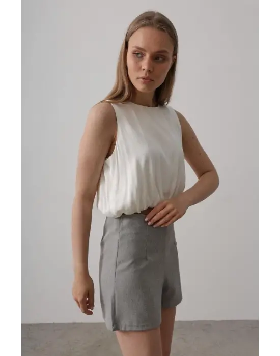 Saten Kolsuz Belki Lastikli Bluz - Ekru