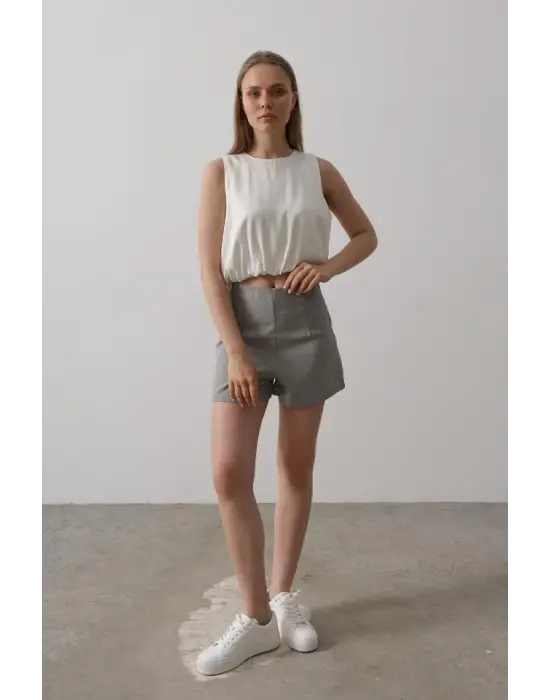 Saten Kolsuz Belki Lastikli Bluz - Ekru