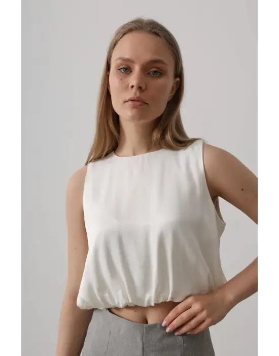 Saten Kolsuz Belki Lastikli Bluz - Ekru