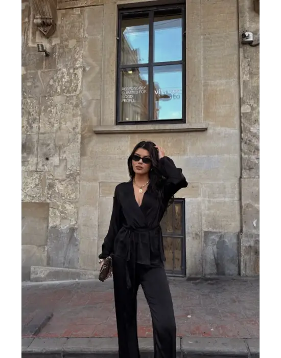 Omarı Kadın Saten Kruvaze Bağlamalı Takım - Siyah