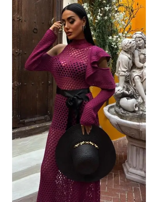 Omarı Saten Ajurlu Triko Elbise