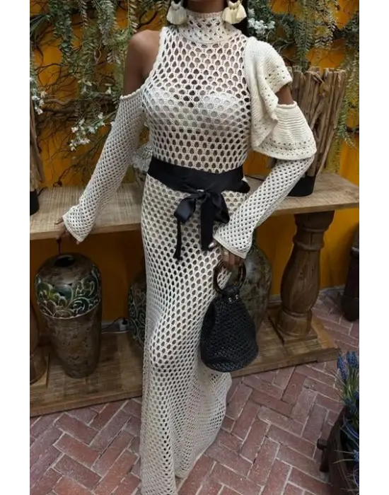 Saten Kuşaklı Ajurlu Triko Elbise 2847