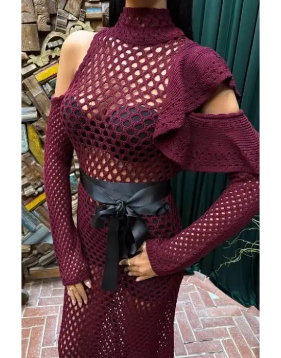 Omarı Derin Yaka Saten Detaylı Triko Elbise