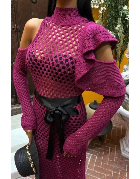 Omarı Saten Ajurlu Triko Elbise