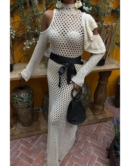 Omarı Şık Saten Kuşak Detaylı Triko Elbise