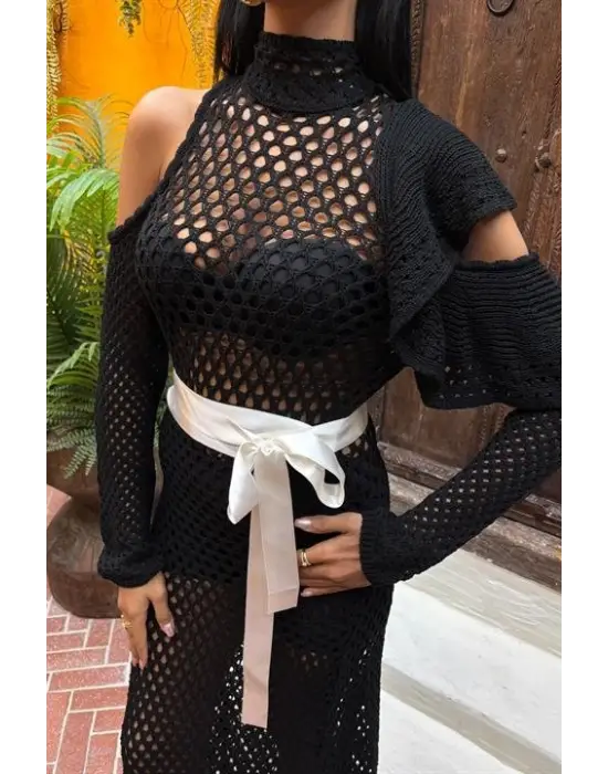 Omarı Saten Ajurlu Triko Elbise