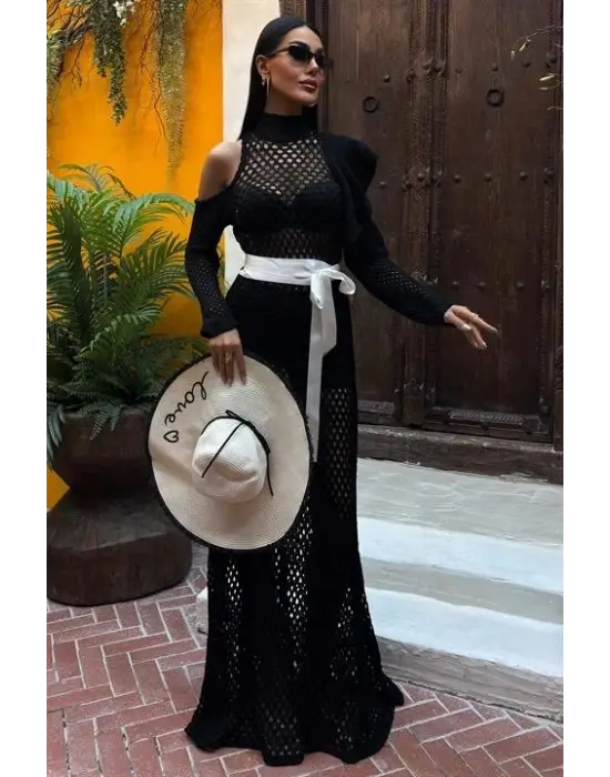 Omarı Saten Ajurlu Triko Elbise