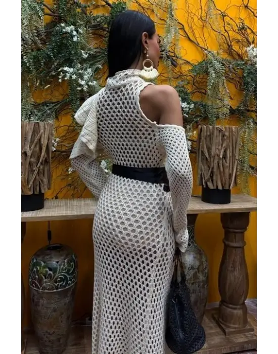 Saten Kuşaklı Ajurlu Triko Elbise 2847