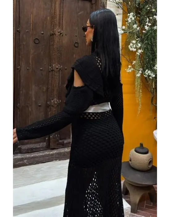 Omarı Saten Ajurlu Triko Elbise