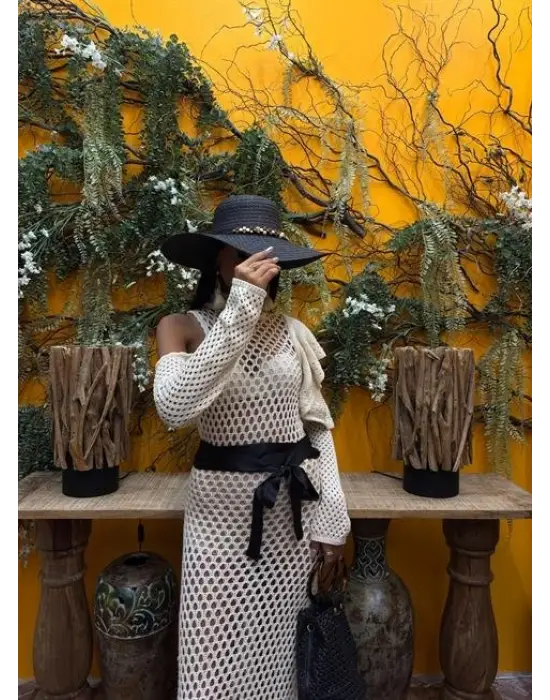 Saten Kuşaklı Ajurlu Triko Elbise 2847