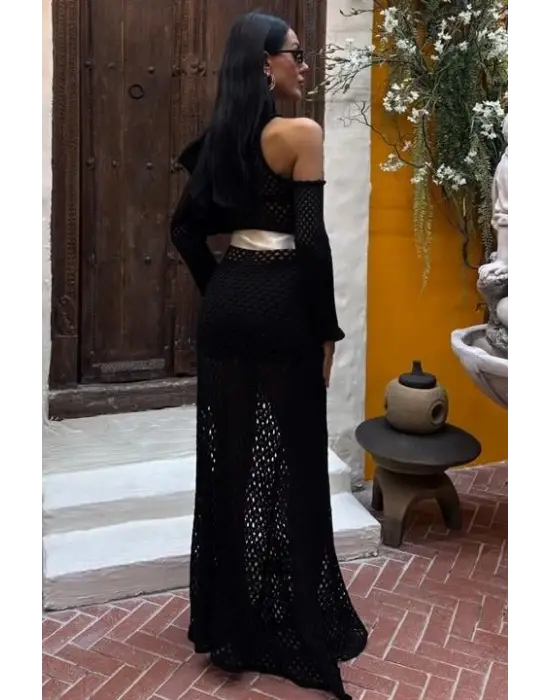 Omarı Saten Ajurlu Triko Elbise