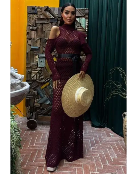 Omarı Derin Yaka Saten Detaylı Triko Elbise