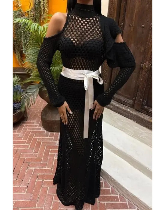 Omarı Saten Ajurlu Triko Elbise