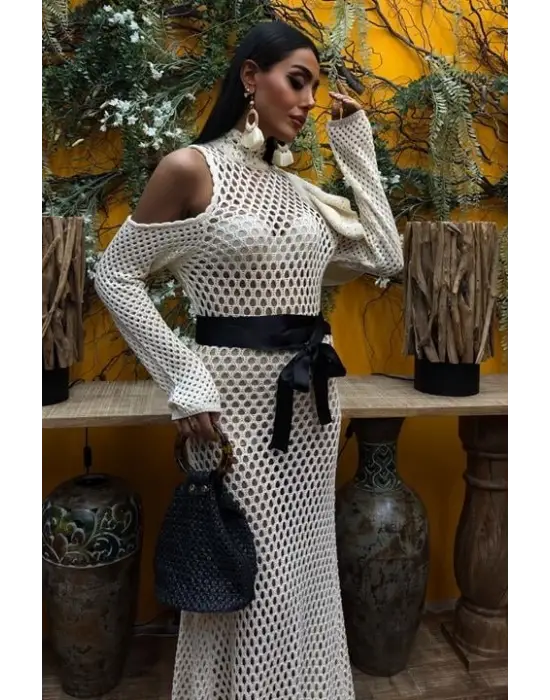 Saten Kuşaklı Ajurlu Triko Elbise 2847