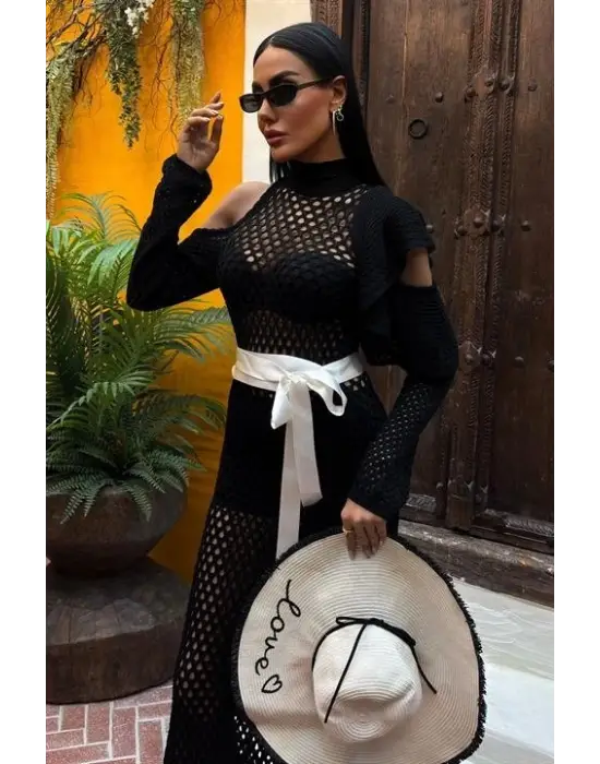 Omarı Saten Ajurlu Triko Elbise