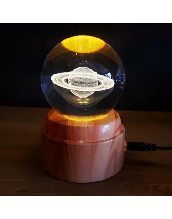 Satürn Gezegen Tasarımlı Dönen Cam Küre