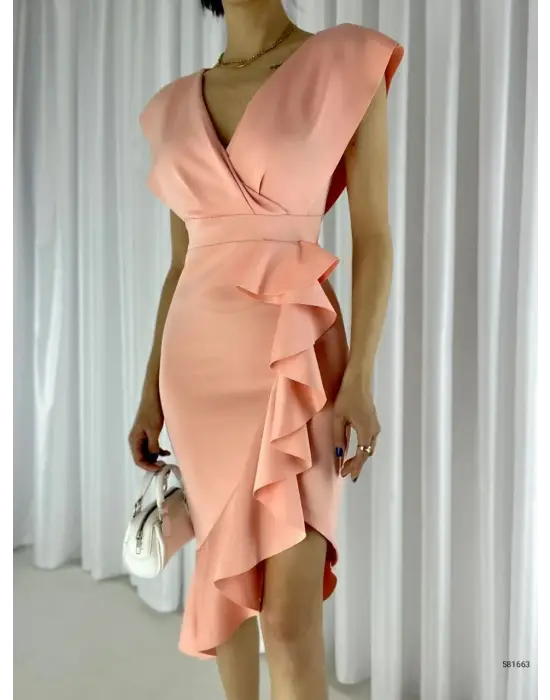   Kumaş Önü Fırfırlı Midi Boy Elbise