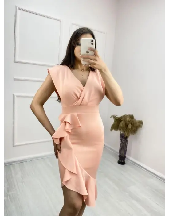   Kumaş Önü Fırfırlı Midi Boy Elbise