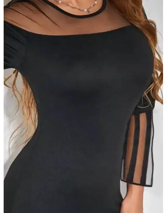 Omarı Şeffaf Madonna Yaka Uzun Kollu Vücut Sarıcı Elbise