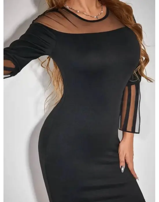 Omarı Şeffaf Madonna Yaka Uzun Kollu Vücut Sarıcı Elbise