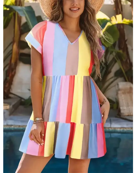 Omarı Şerit Desenli V Yakalı Elbise