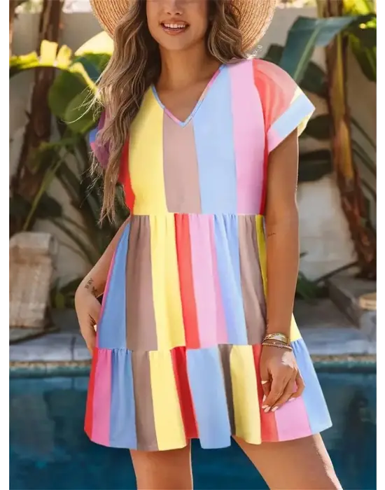 Omarı Şerit Desenli V Yakalı Elbise