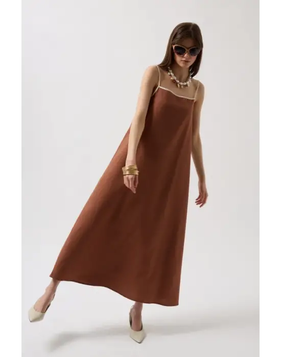 Omarı Şık Şerit Detaylı Keten Maxi Elbise