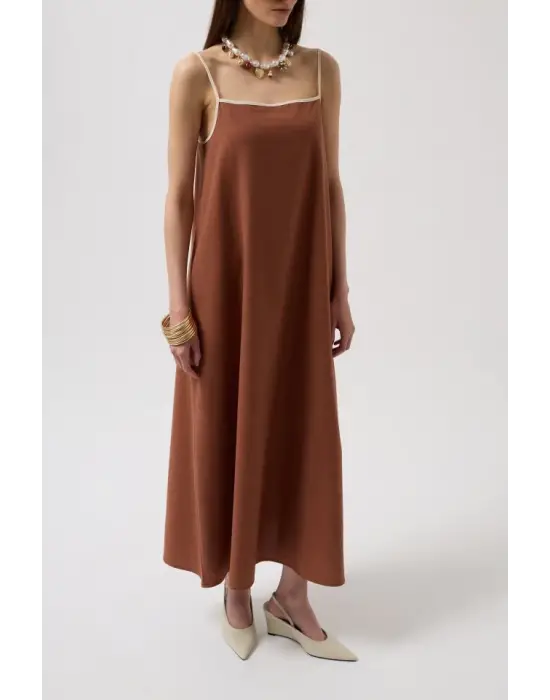 Omarı Şık Şerit Detaylı Keten Maxi Elbise