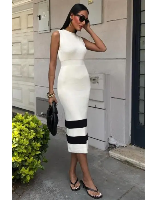 Omarı Şerit Detaylı Triko Elbise