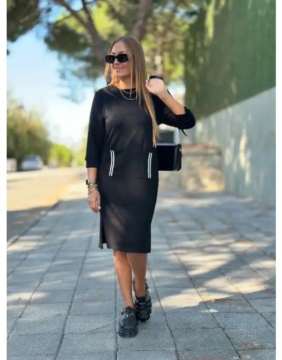 Omarı Viskon Pamuklu Kadın Elbise Kol File ve Cep Detaylı