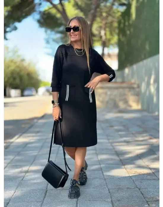 Omarı Viskon Pamuklu Kadın Elbise Kol File ve Cep Detaylı