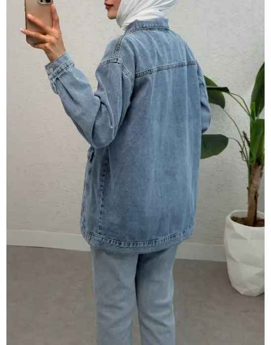 Serpme Taş Detaylı Kapaklı Cepli Kot Ceket -Buz Mavi