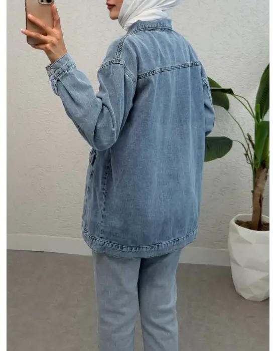Omarı Taş Detaylı Cepli Kot Ceketi - Buz Mavi