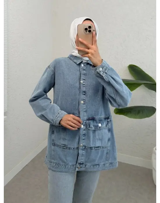 Serpme Taş Detaylı Kapaklı Cepli Kot Ceket -Buz Mavi