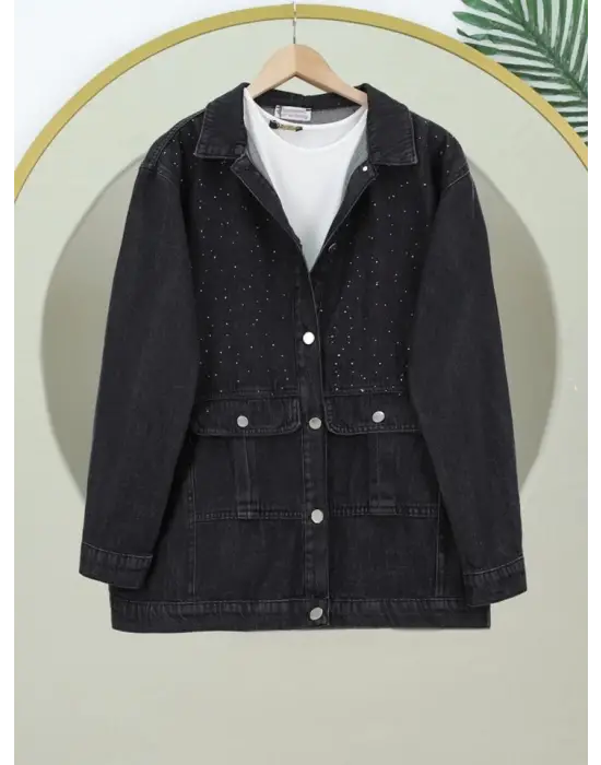 Omarı Serpme Taş Detaylı Cepli Kot Ceket - Siyah