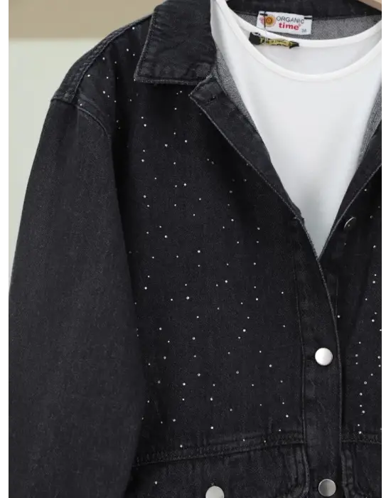 Omarı Serpme Taş Detaylı Cepli Kot Ceket - Siyah