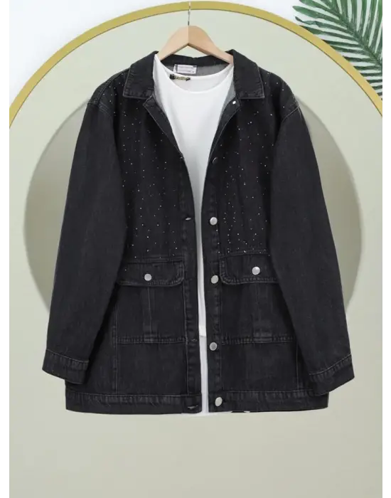 Omarı Serpme Taş Detaylı Cepli Kot Ceket - Siyah