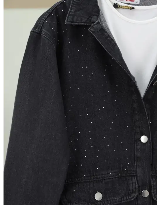 Omarı Serpme Taş Detaylı Cepli Kot Ceket - Siyah